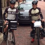 Outside the Sinas Dramis Law Firm Office in downtown Grand Rapids, getting ready for a 200-mile ride. (Left: Wade Burch. Right: Bryan Waldman)